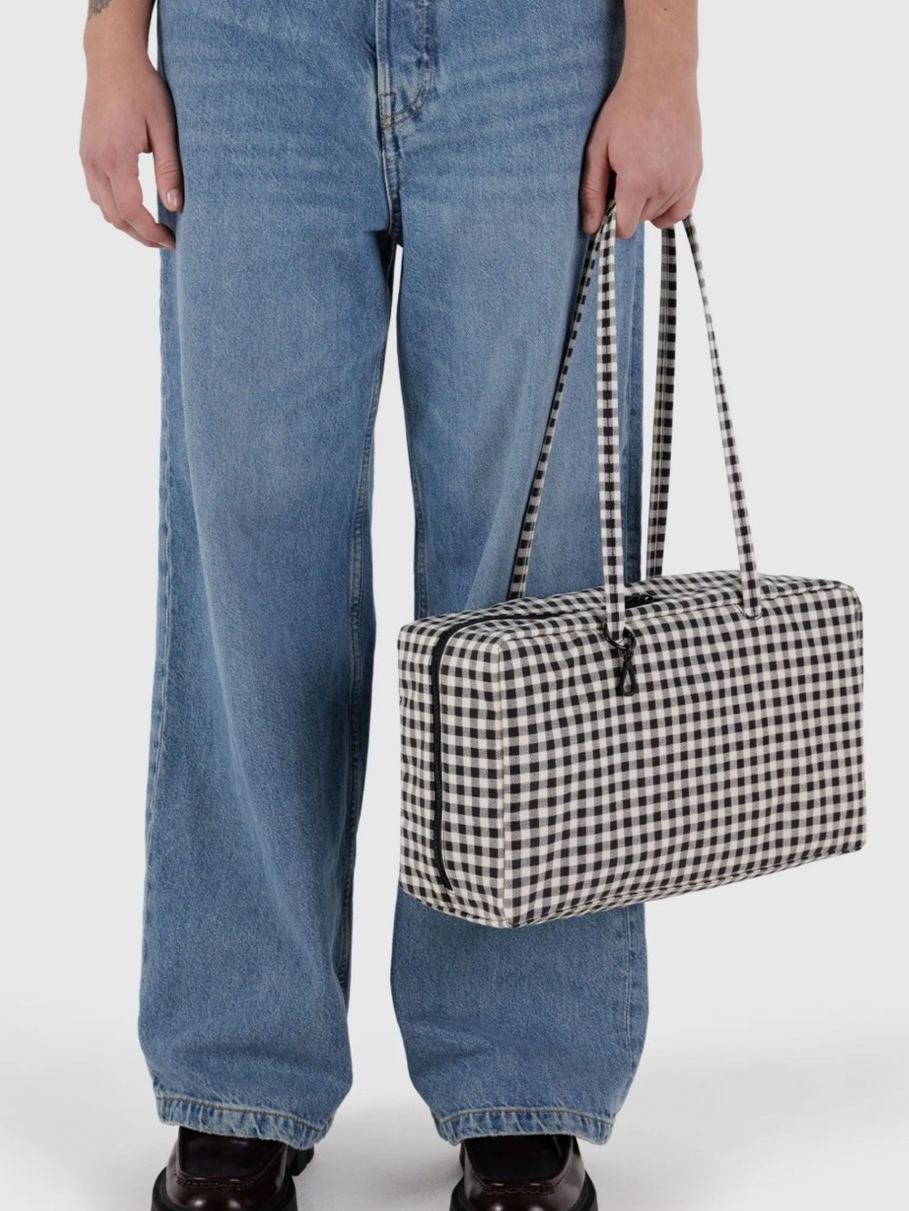 NWT BAGGU Medium Nylon Bowler Bag Black and White Gingham - Picture 11 of 11